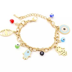 Stainless Steel Blue Evil Eye Crystal Pendants Bracelet  Gold  Cuban Link Chain